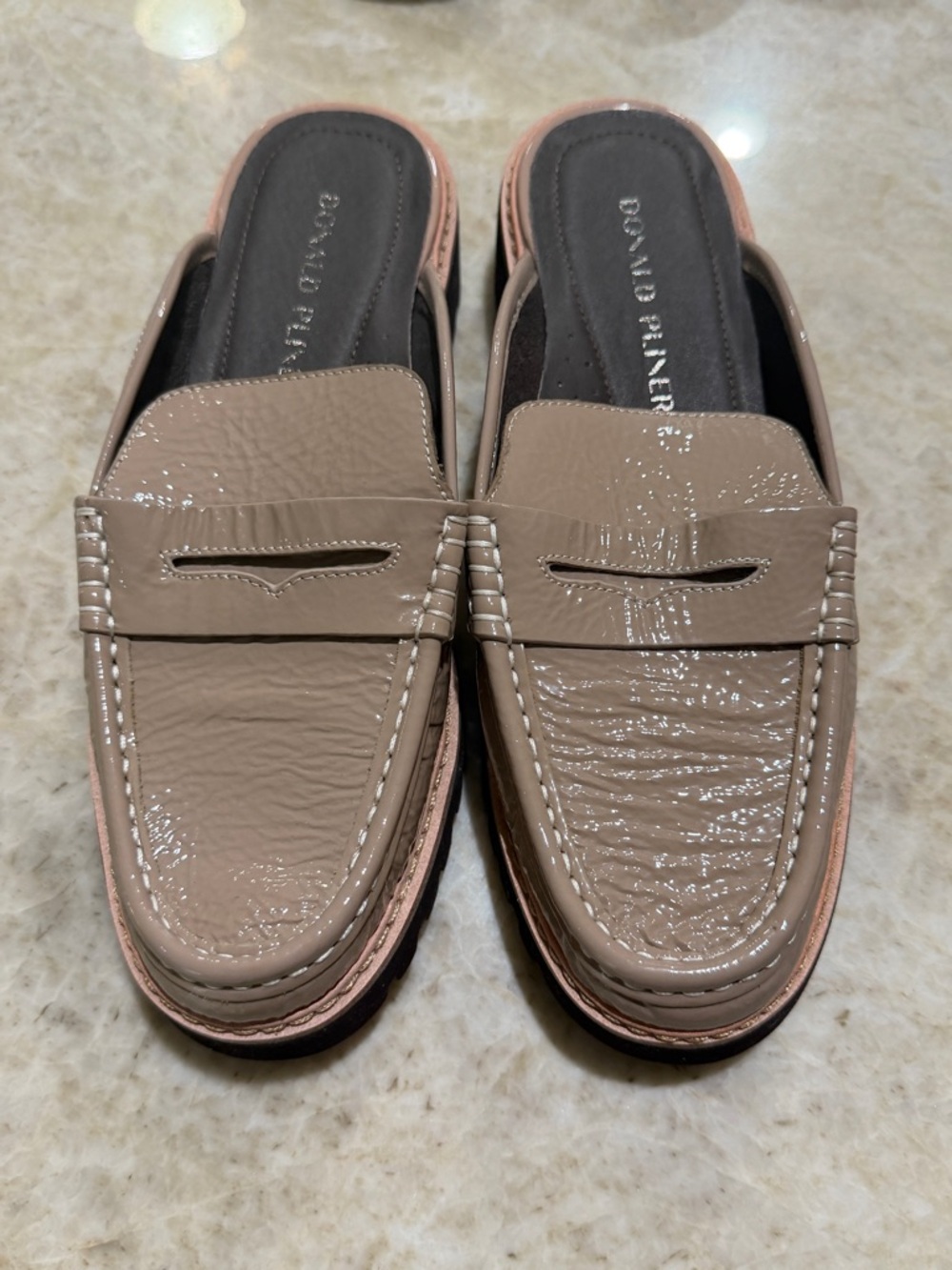 Donald Pliner Taupe Patent Leather Loafer Mules